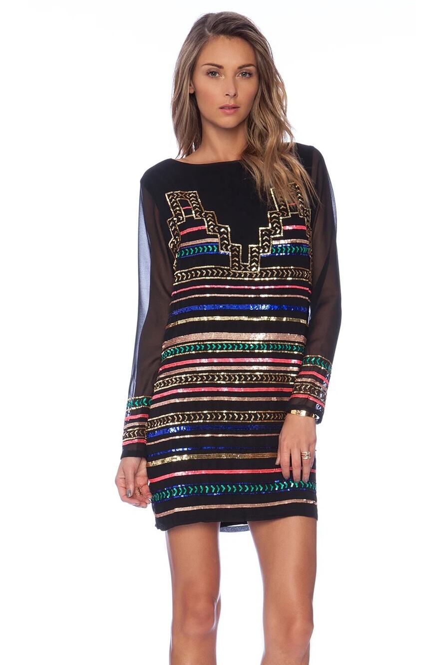 Mara Hoffman Black Mini Sequin Sheath Dress Long Sheer Sleeves- XS